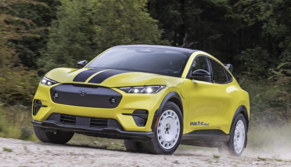 Mustang Mach-E Rally Driving on a Forest Trail Front 3/4 View